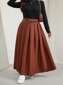 Calvaya 大码休闲通勤百褶优雅长裙女装 - 棕色 - 查看 3