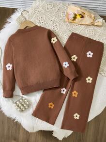 Bộ 2 áo len cardigan dài tay họa tiết hoa giản dị thanh lịch cho bé gái và quần ống rộng, thoải mái và đa năng để mặc ở nhà, mặc hàng ngày, đi chơi, thích hợp cho mùa thu/đông - Cà phê nâu - Xem 2
