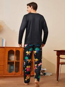 Men's Cartoon Print Long Sleeve Top & Pants Pajama Set, Fall Winter Clothes - Multicolor - View 2