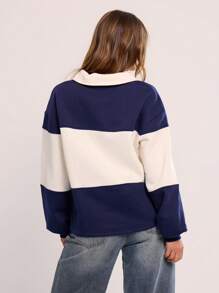 MUSERA Collared Striped Sport Jersey Sweatshirt Back To School Autumn Winter Cosy Fall  Cute Everyday Capsule Wardrobe Y2K Streetwear Office Workwear Business Casual Spring Vacation - Navy Blue - View 3