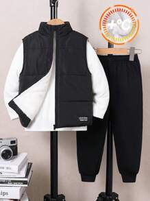 SHEIN 3 stuks/set jonge jongens dikke gebreide warme voering effen kleur ronde hals trui, thermisch gevoerde parka jas & casual broek, geschikt voor school, buiten, dagelijks dragen in de herfst & winter