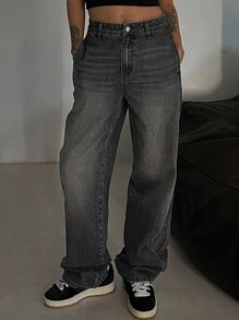 DAZY 女式休闲纯色拉链直筒宽松牛仔裤 - 灰色 - 查看 1