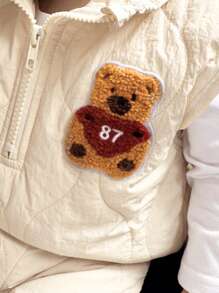 SHEIN 男婴 2 件套休闲可爱熊刺绣绗缝立领拉链口袋背心和裤子套装，适合秋冬日常穿着 - 杏色 - 查看 8