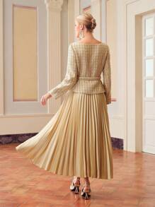 ZEYLAH 粗花呢紧身胸衣褶边扣带腰带二合一长裙 - 杏色 - 查看 6