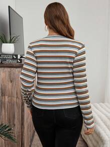SHEIN LUNE Áo thun dài tay cổ tròn kẻ sọc nhiều màu sắc cỡ lớn, ôm dáng, thích hợp mặc hàng ngày trong dịp lễ hội Halloween. - màu nâu - Xem 2