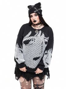 Whyspr Goth Punk Gothic Punk Cartoon Face Intarsia Knit Pullover Sweater Knit Pullover Fall Winter Outfit - Black and White - View 7