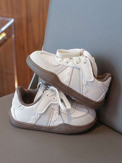 荷叶边波浪图案纯色儿童平底休闲运动鞋，舒适耐用