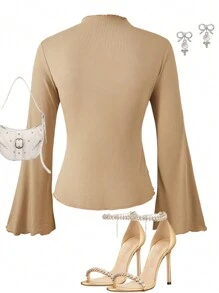 Teen Girl Solid Color Lace Trim Fitted Flare Sleeve Long Sleeve T-Shirt