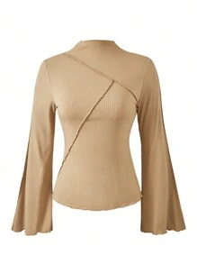 Teen Girl Solid Color Lace Trim Fitted Flare Sleeve Long Sleeve T-Shirt
