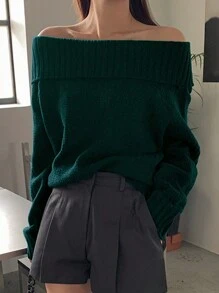 DAZY 1 件女士露肩毛衣，修身版型，优雅纯色，秋冬