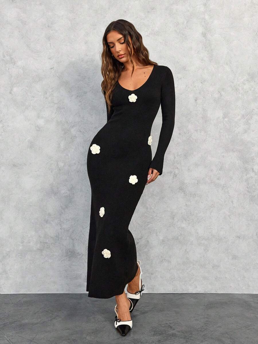 SHEIN SXY Elegantes schwarz-weißes Farbblock 3D Blumen Maxikleid-Pullover für Frauen - Schwarz und Weiss - Übersicht 1