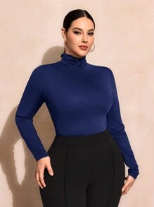 SHEIN SXY Plus Size Solid Color Slim Fit High-Necked Long Sleeve All-Match T-Shirt Basic Tees