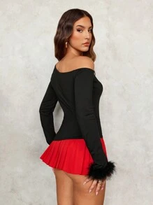 SHEIN SXY 1 chiếc áo phông dài tay màu đen có viền bất đối xứng, vai chéo, cổ tay lông vũ thanh lịch dành cho nữ, mùa thu/đông - màu đen - Xem 2