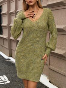 SHEIN Clasi V 领长袖修身简约短款针织毛衣连衣裙，休闲日常穿着 - 軍綠色 - 查看 6