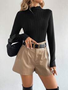 SHEIN Clasi 女士休闲纯色罗纹针织立领修身 T 恤，秋季 - 黑色 - 查看 6