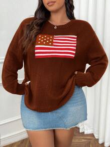SHEIN EZwear 大码圆领长袖图案细节休闲套头毛衣 - 巧克力棕 - 查看 6