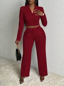 Slaydiva Conjunto casual/urbano de 2 piezas para mujer, blazer y pantalones de color liso, otoño - Burdeos - Ver 6