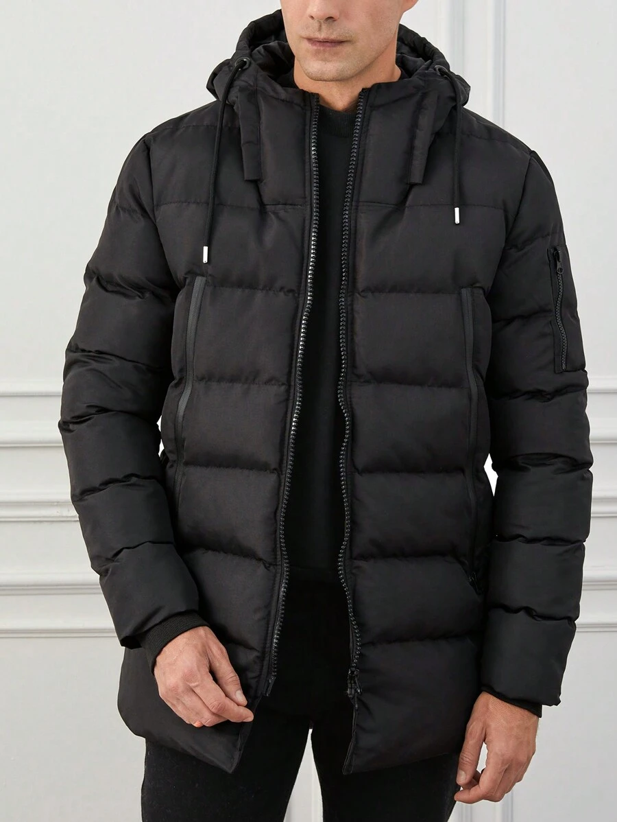 RueChic Men Zip Up Drawstring Hooded Puffer Coat - Black - View 1