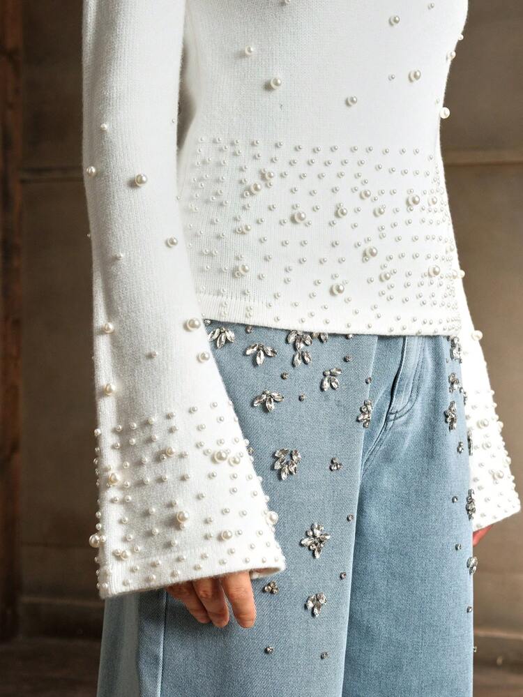 Christmas Elegant Crew Neck Bell Sleeve Pearl Embellished Knit Sweater, Autumn/Winter Knit Pullover Fall