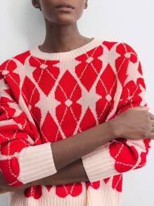 Maija Áo len Giáng sinh cổ tròn dáng rộng cho nữ có họa tiết hình học tương phản, Thu/Đông - Đỏ - Xem 4