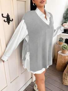 Flirla Solid Color Plus Size V-Neck Tie Knot Open Slit Casual Sleeveless Knitted Blouse - Light Grey - View 5