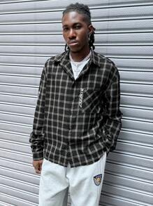 Manfinity VCAY Men's Loose Letter Embroidered Long Sleeve Single-Breasted Casual Shirt, Autumn - Multicolor - View 4