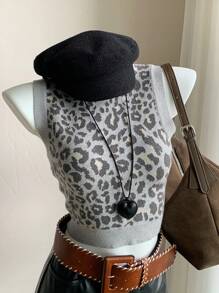 SHEIN EZwear Gilet en tricot imprimé léopard grande taille pour femmes, décontracté pour l'automne/hiver - Gris - Voir 3