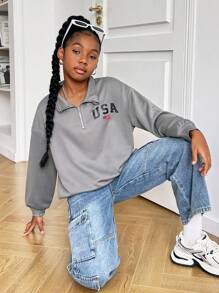 SHEIN Sudadera de manga larga cómoda con cuello de tripulación y estampado de letras suelta casual para niñas preadolescentes