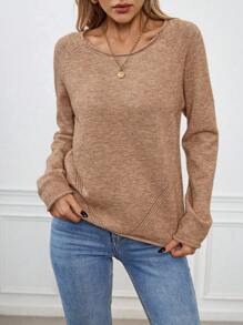 SHEIN LUNE Suéter de punto de manga raglán de unicolor, cuello redondo, bajo acanalado, estilo casual para mujer en otoño e invierno - Camel - Ver 5
