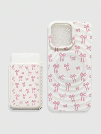 Kawaii Magnetische Handy-Schutzhülle mit Schleifen-Muster und MagSafe, kabellose Ladegehäuse, magnetische Handy-Schutzhülle mit Schleifen-Muster und Kartenfach
