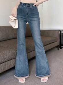 DAZY Plush Patchwork Flared Jeans For Women Fall,Winter - Blue - View 6