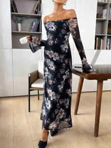 SHEIN Maternity Romantic Summer Beach Elegant Sexy Floral Off Shoulder Long Dress, Date Night Dress, Suitable For Daily, Commuting, Holiday - Black - View 5