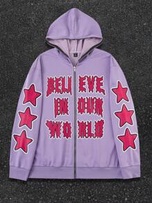 Manfinity EMRG Plus Size Men's Autumn/Winter Letter & Star Print Hooded Zip-Up Sweatshirt