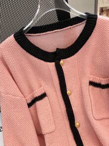 SHEIN LUNE Cárdigan de punto casual y elegante de manga larga con bloques de color y empalmes, para el invierno, tallas grandes - Multicolor - Ver 3