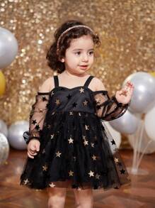 SHEIN Babygirl 圣诞优雅连衣裙，黑色网眼星星装饰无袖和长袖连衣裙，适合派对、聚会、生日 - 黑色 - 查看 4