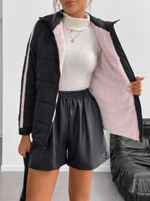 Chiquease Thick Padded Padded Coat Clothes Winter With Contrasting Striped Zipper, Quilted Plaid Pattern, Pockets, Casual Sports Wear - Black - View 4