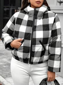 SHEIN LUNE Áo khoác nữ cỡ lớn in họa tiết kẻ caro, tay dài, cổ khóa kéo, có mũ trùm đầu, kiểu dáng thường ngày, lót bông, thích hợp mặc mùa đông, áo khoác giữ ấm mùa hè cho nữ. - Đen và trắng - Xem 4