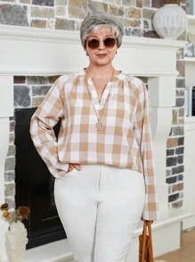 EMERY ROSE 大码女士冬季服装 V 领长袖格子休闲衬衫，日常穿着