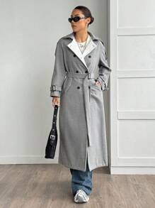 SHEIN Unity 女士休闲百搭拼色超长仿羊绒大衣，灰色 - 灰色 - 查看 4