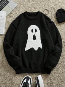 Manfinity VCAY Men's Oversized Drop Shoulder Crew Neck Black Halloween Ghost Graphic Sweater, For Fall Winter - Black - View 1