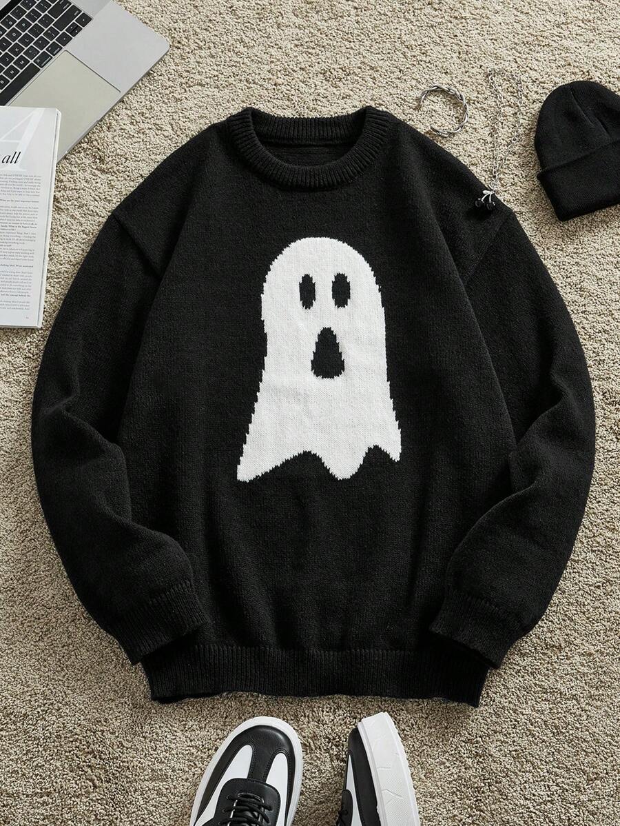 Manfinity VCAY Men's Oversized Drop Shoulder Crew Neck Black Halloween Ghost Graphic Sweater, For Fall Winter - Black - View 1