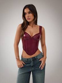 SHEIN BAE 女士复古酒红色PU紧身胸衣性感文胸套装背心，聚拢文胸，红色性感文胸，冬季 - 酒紅色 - 查看 6