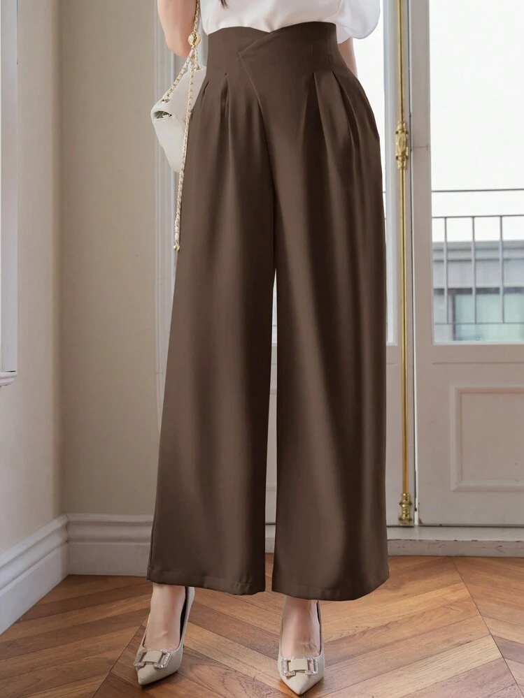 DAZY Women's Solid Color High Waist Simple Wide-Leg Pants, Casual Daily Wear,Fall Clothes,Back To School Clothes,Teacher Pants Women Dress Pants - Brown - View 1