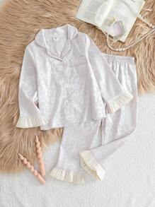 SHEIN 2pcs Girls Leopard Jacquard Lapel Ruffle Long Sleeve Pants Sleepwear Set - Multicolor - View 3