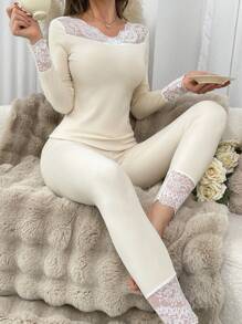 Conjunto de ropa interior térmica para mujer de escote en V slim con patchwork de encaje