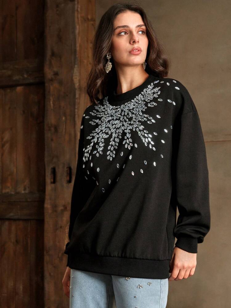 Women's Rhinestone Embellished Pullover Sweatshirt, Modern Autumn/Winter