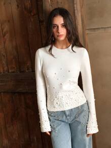 Anewsta 圣诞优雅圆领喇叭袖珍珠缀饰针织毛衣，秋冬