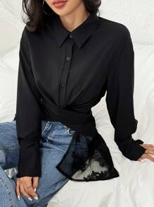 Calvaya French Style Elegant Sweet Scoop Neck Lace Splice Back Fashionable Casual Backless Blouse For Women Women Shirt