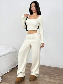 SHEIN Unity 2 件套女士纯色圆领羊毛加厚修身腰部运动服 - 杏色 - 查看 6