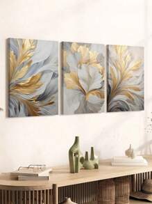 SHEIN 3pcs_Set Luxury Canvas Print Posters, Golden And White Leaves Canvas Wall Art Paintings, Artwork Wall Painting For Living Room Bedroom Bathroom Office Hallway Wall Decors, No Frames Christmas For Holiday Gift Giving - Multicolor - View 8